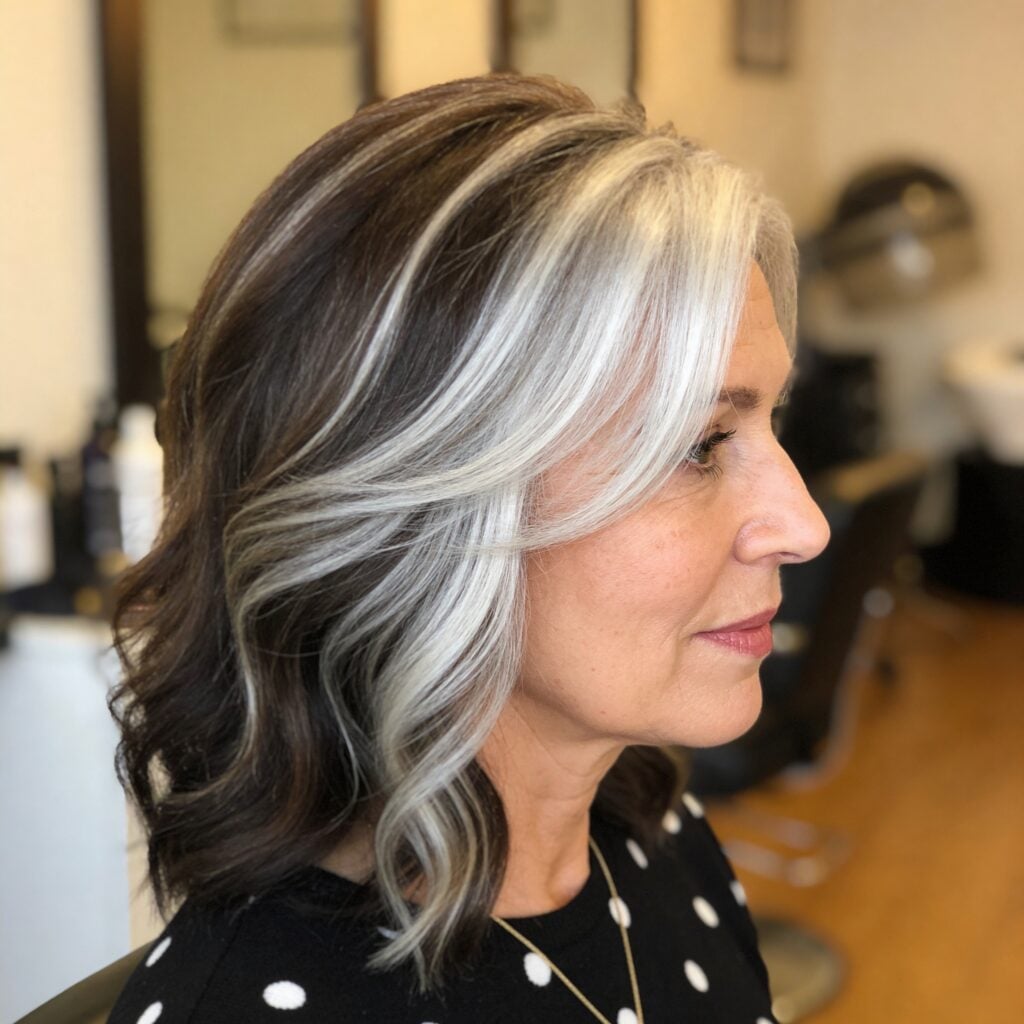 Collarbone Dark Brown With Silver Streaks Collarbone Dark Brown With Silver Streaks — Hair Color for Women Over 60