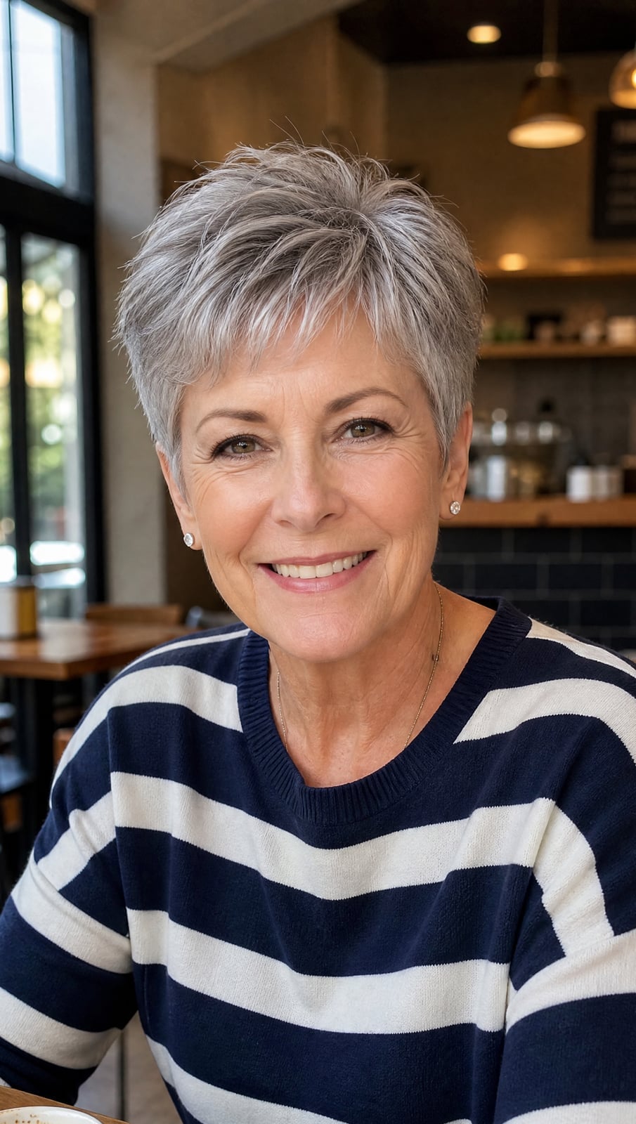 Ear Length Gray Pixie With Textured Styling Ear Length Gray Pixie With Textured Styling — Hair Color for Women Over 60