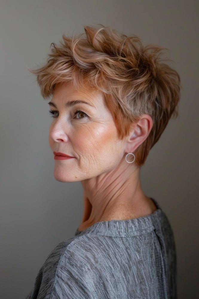 Strawberry Blonde Textured Pixie With Swept Bangs Strawberry Blonde Textured Pixie With Swept Bangs — Hair Color for Women Over 60