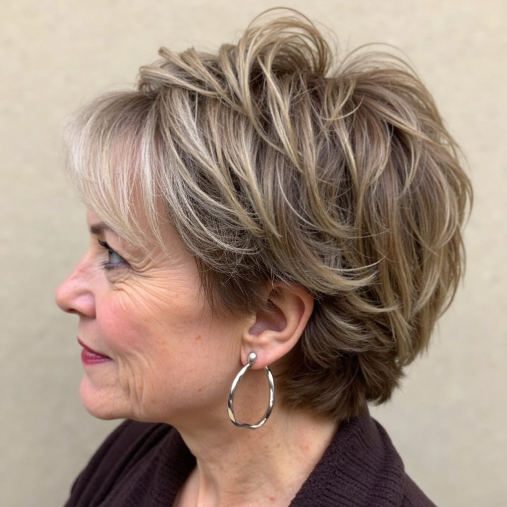 Honey Blonde Shag Ear Length With Textured Bangs Honey Blonde Shag Ear Length With Textured Bangs — Hair Color for Women Over 60
