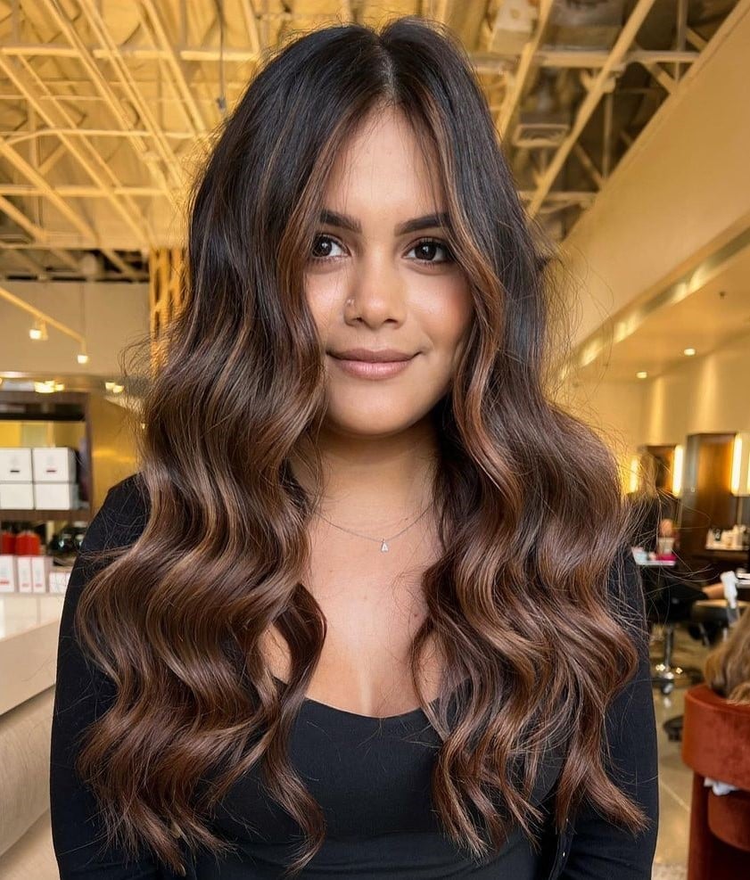 Mid-Back Dark Brown With Caramel Balayage, Wavy Mid-Back Dark Brown With Caramel Balayage, Wavy — Hair Color Ideas for Dark Hair