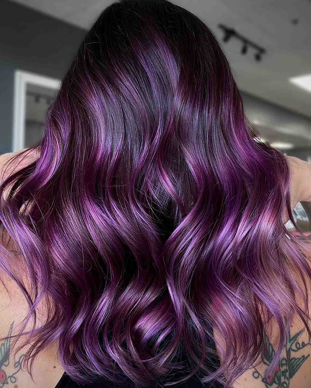 Mid-Back Balayage With Purple and Pink Highlights Mid-Back Balayage With Purple and Pink Highlights — Hair Color Ideas for Dark Hair
