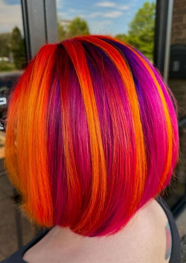 Vibrant Pink and Orange Striped Bob Vibrant Pink and Orange Striped Bob — Hair Color Ideas for Short Hair