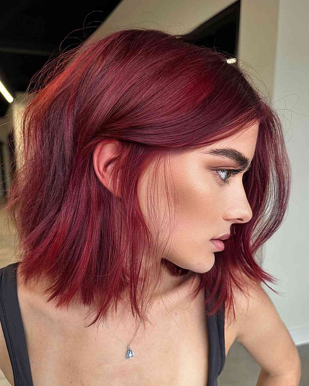 Deep Red Wavy Bob, With A Glossy Finish Deep Red Wavy Bob, With A Glossy Finish — Hair Color Ideas for Short Hair