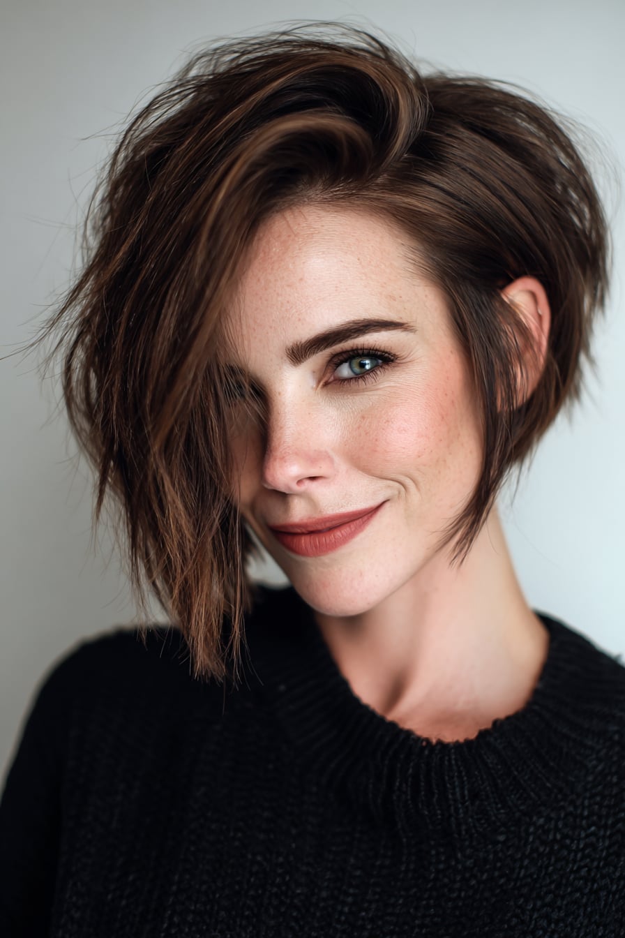 Asymmetrical Dark Brown Bob Asymmetrical Dark Brown Bob — Hair Color Ideas for Short Hair