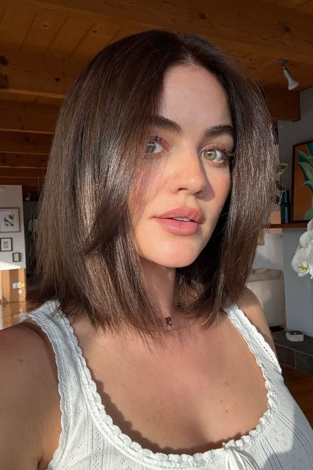Dark Brown Lob With Face-Framing Layers Dark Brown Lob With Face-Framing Layers — Hair Color Ideas for Short Hair