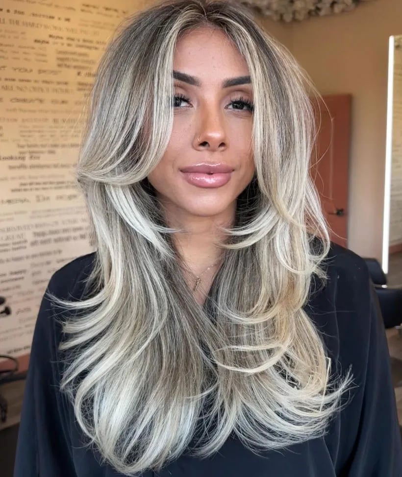 Ash Blonde Balayage Long Layers With Curtain Bangs — Haircut Trends
