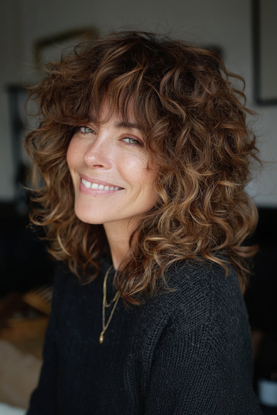 Shoulder-Length Shag With Honey Blonde Balayage Shoulder-Length Shag With Honey Blonde Balayage — Haircuts for Curly Hair