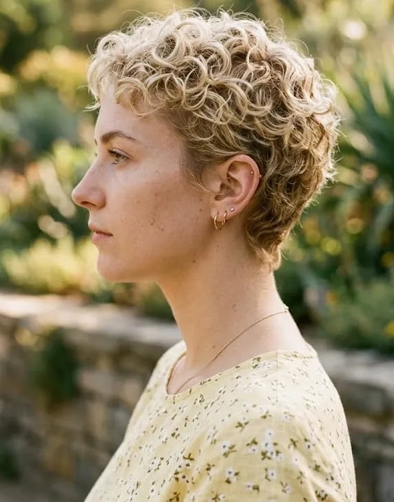 Short Blonde Pixie With Defined Curls, ухо Short Blonde Pixie With Defined Curls, ухо — Haircuts for Curly Hair
