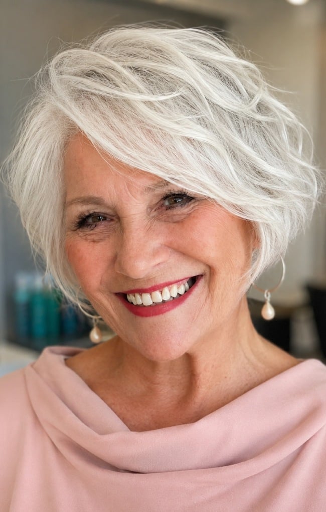 20 Old Lady Bob Haircuts : Soft Silver Layered Bob for Fine Hair