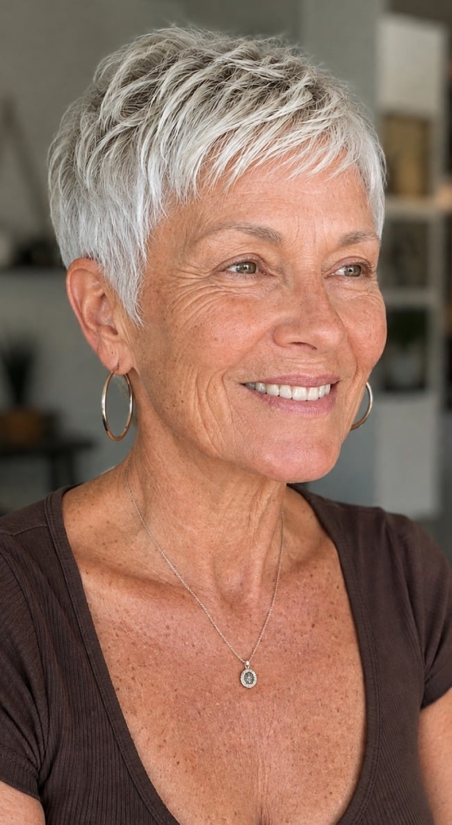 White Pixie Cut for Women Over 60 with Choppy Layers