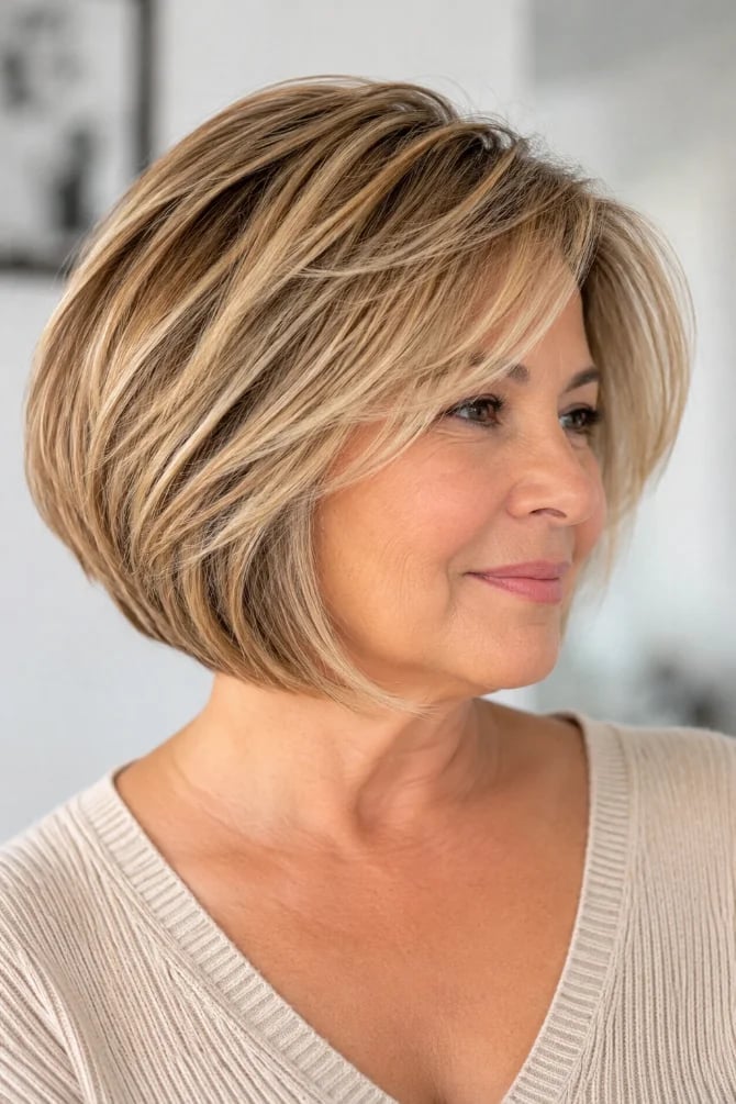 Chin Length Bob With Layered Curtain Bangs — Haircuts for Older Women