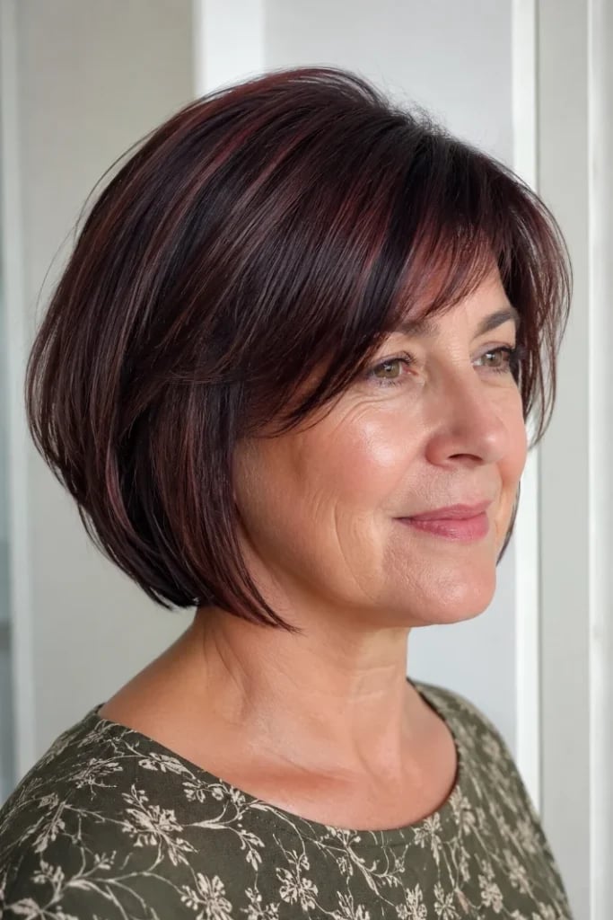 Chin Length Dark Brown Bob With Red Highlights, Side Swept — Haircuts for Older Women