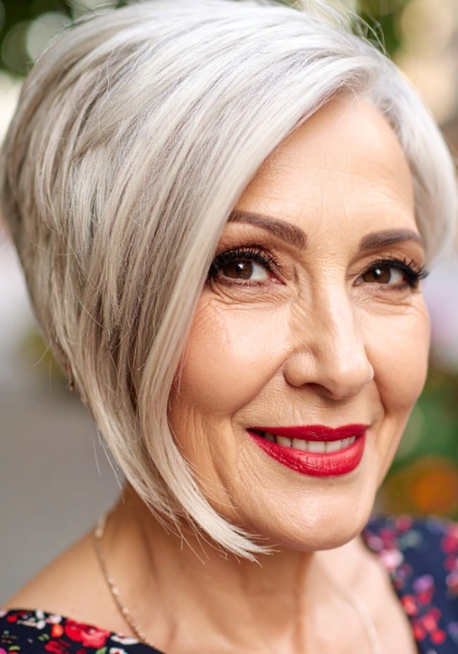 Angled Gray Bob With Side Part — Haircuts for Older Women
