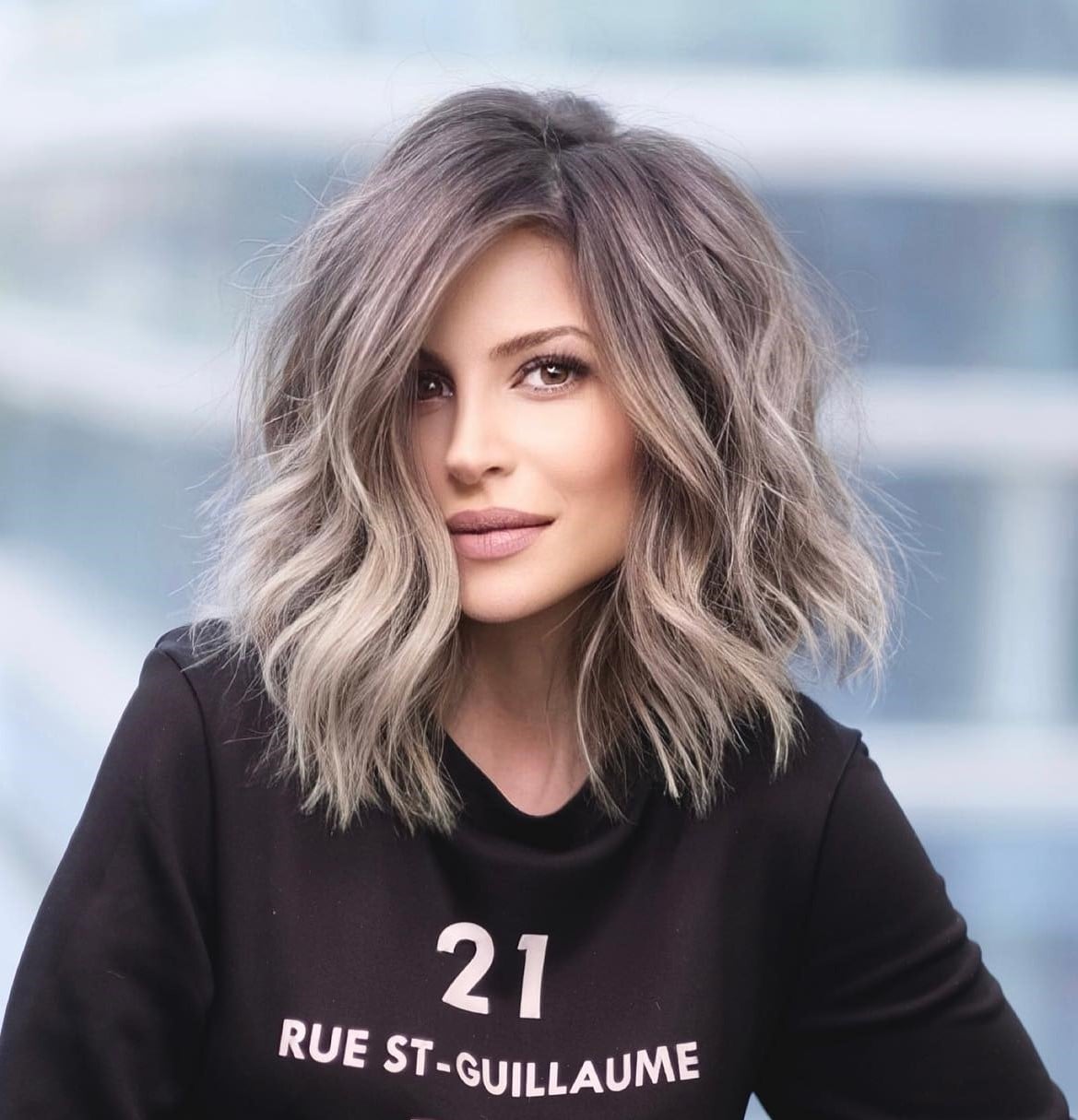 Collarbone Lob With Ash Blonde Balayage and Curtain Bangs Collarbone Lob With Ash Blonde Balayage and Curtain Bangs — Haircuts for Thick Hair