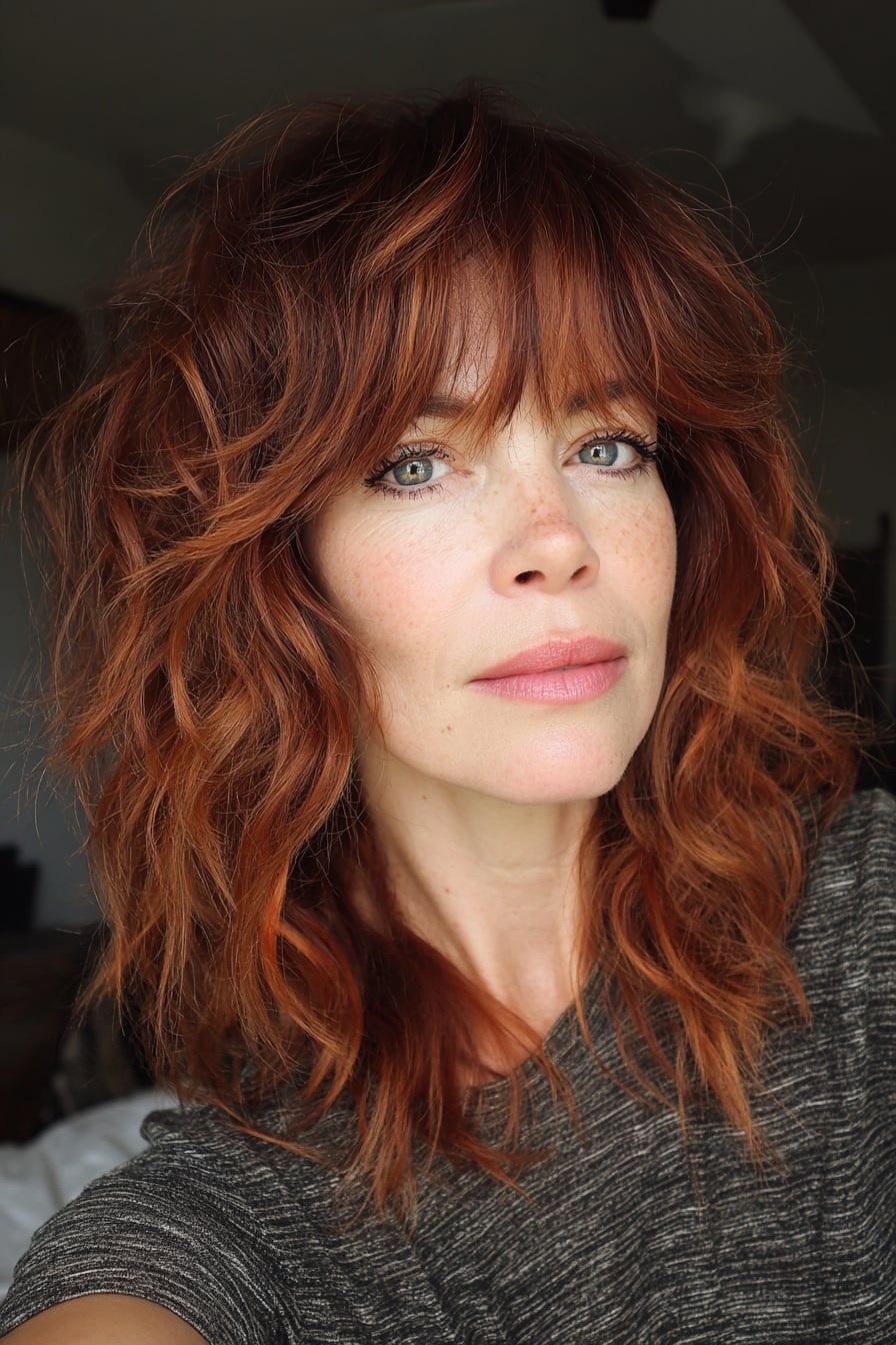 Shoulder Length Shag With Curtain Bangs, Red Shoulder Length Shag With Curtain Bangs, Red — Haircuts for Wavy Hair