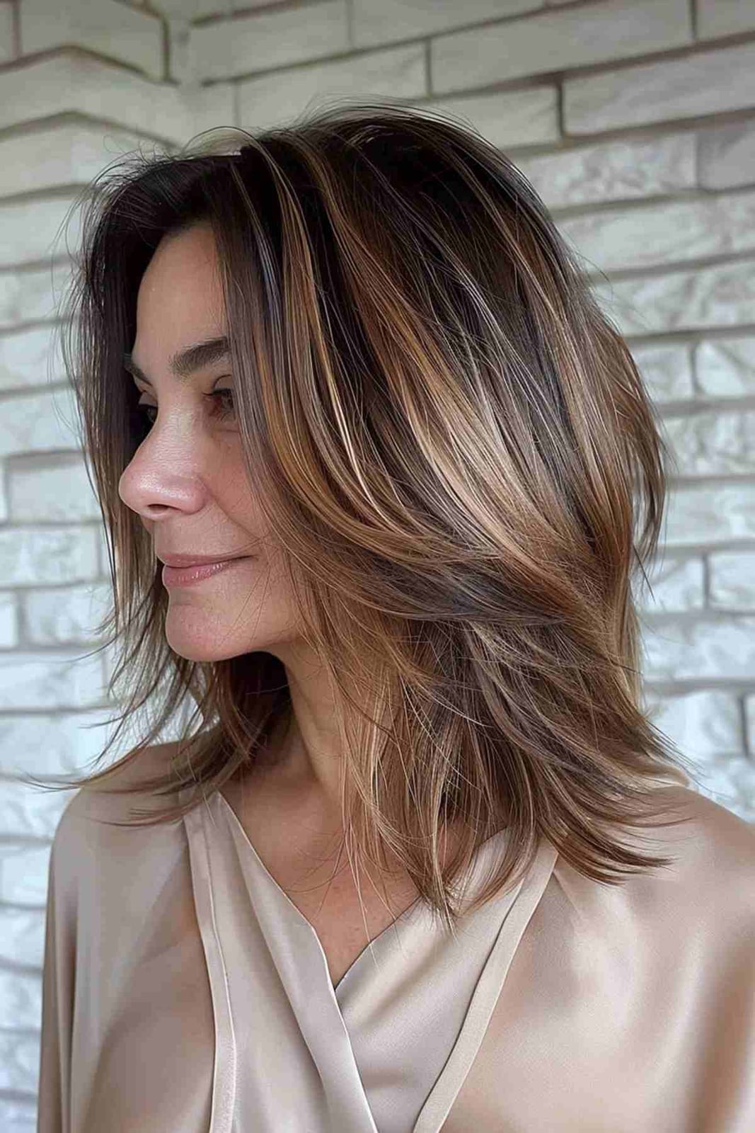 Chin Length Angled Bob With Caramel Chin Length Angled Bob With Caramel — Haircuts for Women Over 40