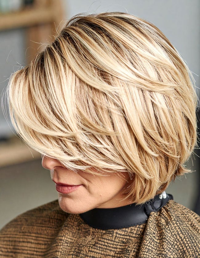 Chin Length Layered Bob With Side Swept Bangs Chin Length Layered Bob With Side Swept Bangs — Haircuts for Women Over 40