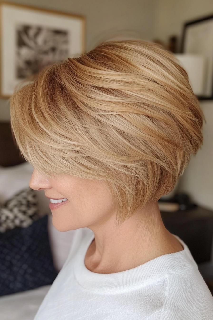 Ear Length Layered Bob With Side Swept Bangs, Blonde With Highlights Ear Length Layered Bob With Side Swept Bangs, Blonde With Highlights — Haircuts for Women Over 40
