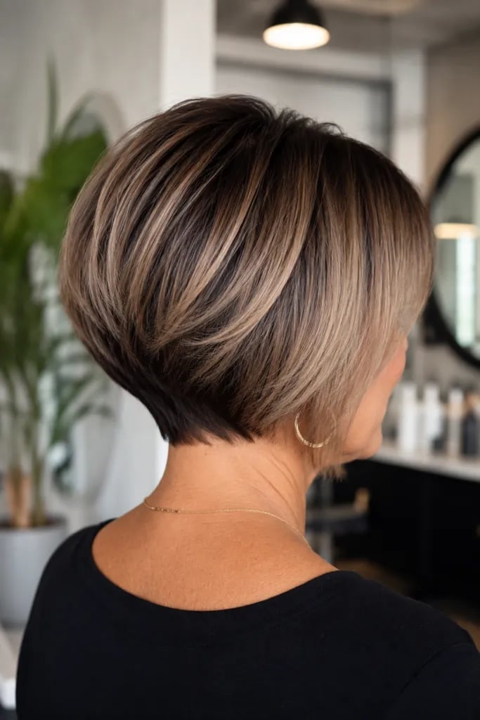 Stacked Dark Brown Bob With Highlights Stacked Dark Brown Bob With Highlights — Haircuts for Women Over 50