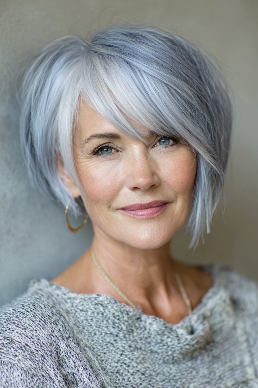 Silver and White Layered Bob With Fringe Silver and White Layered Bob With Fringe — Haircuts for Women Over 50