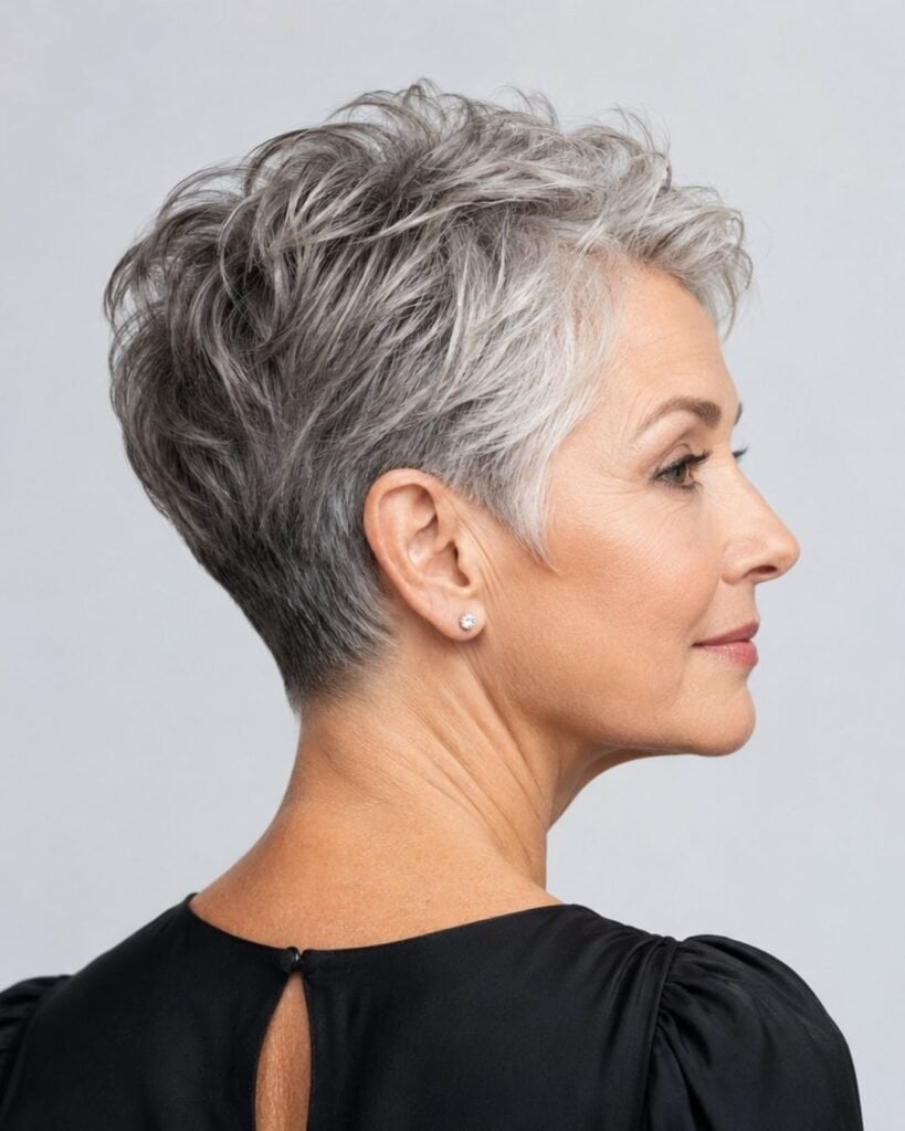 Modern Silver Gray Pixie With Textured Bangs Modern Silver Gray Pixie With Textured Bangs — Haircuts for Women Over 60