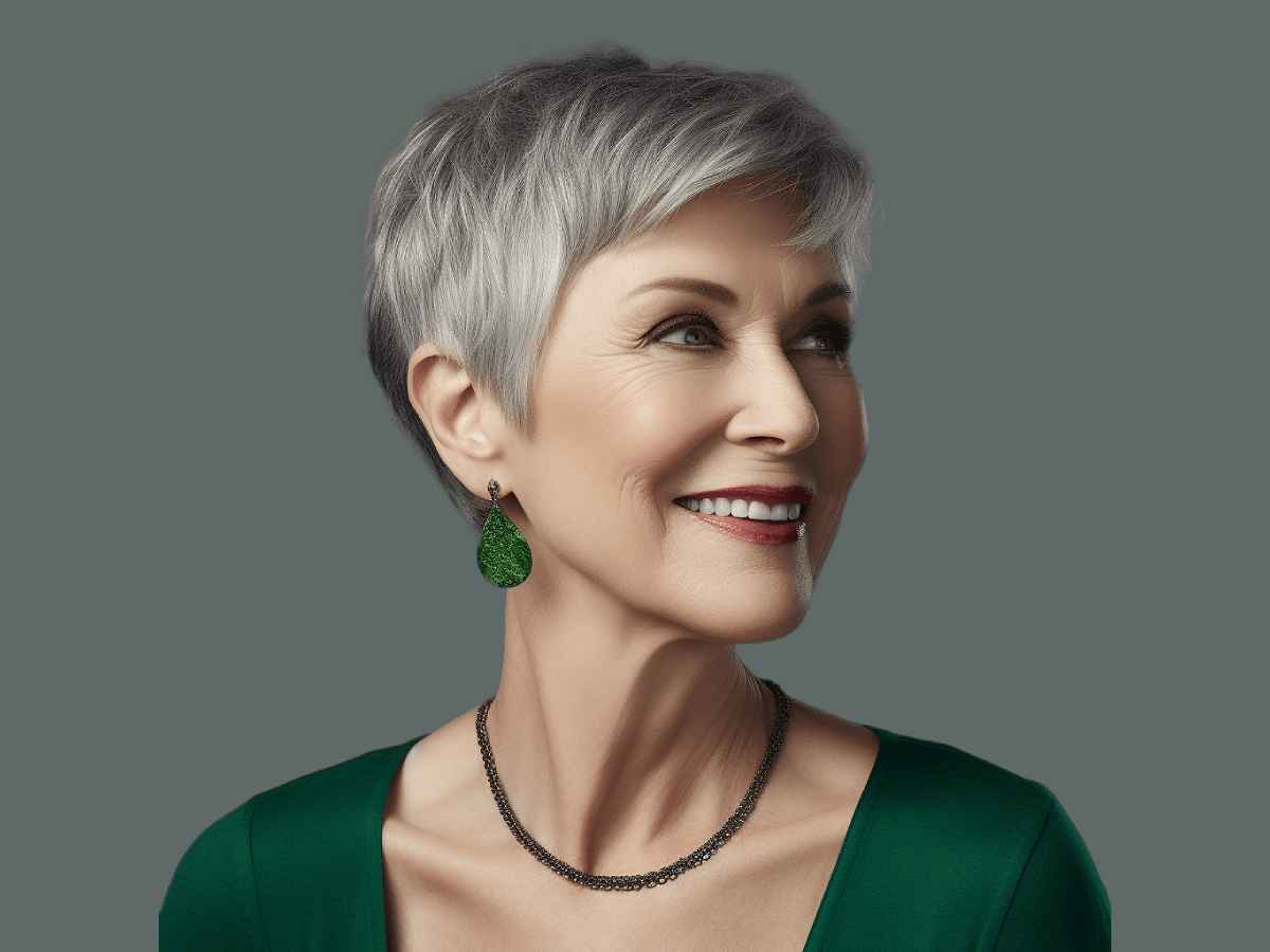 Sleek Silver Pixie With Feathered Bangs Sleek Silver Pixie With Feathered Bangs — Haircuts for Women Over 60