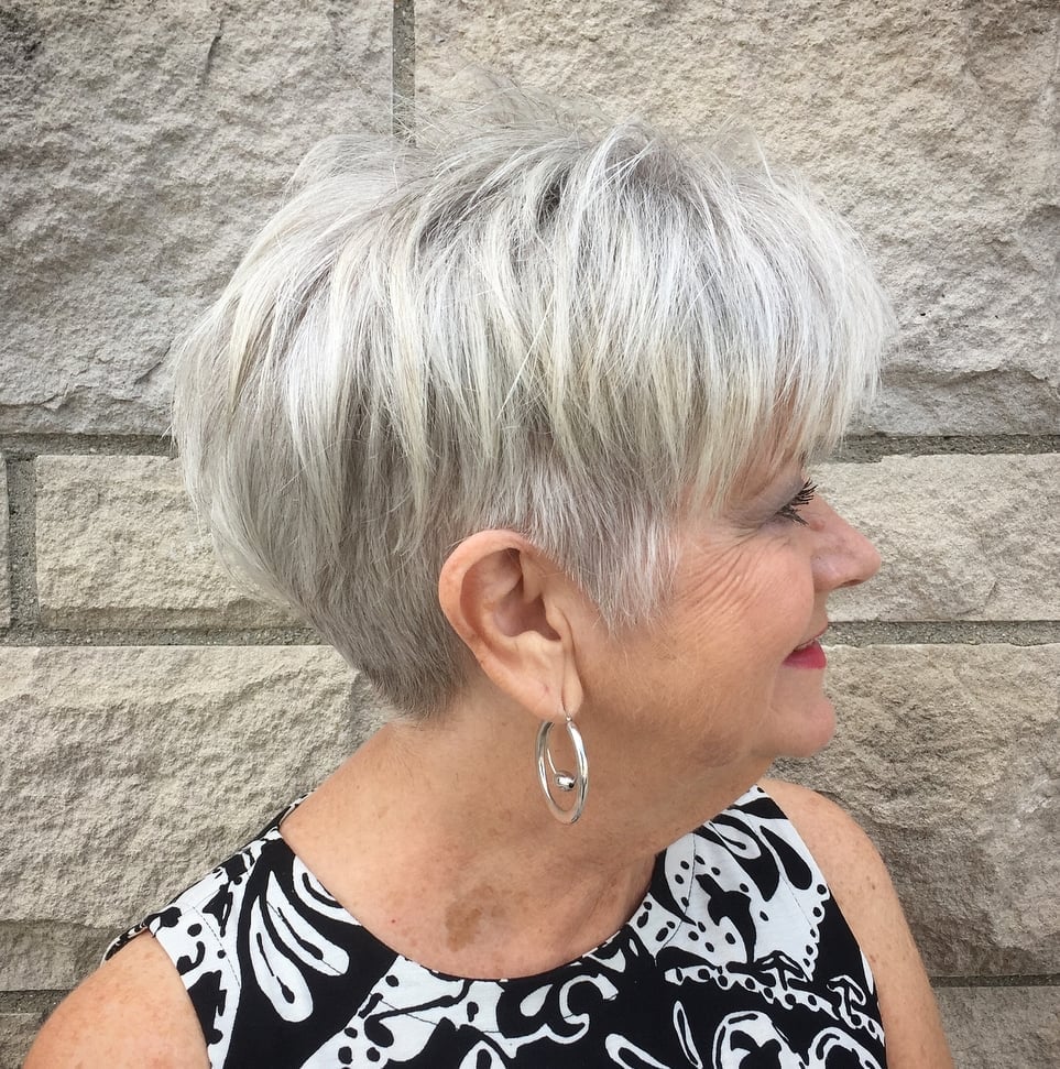 Short Silver Gray Pixie With Tousled Bangs Short Silver Gray Pixie With Tousled Bangs — Haircuts for Women Over 60