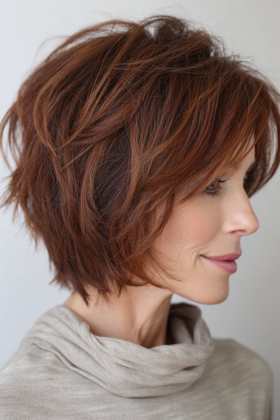 Red Brown Shag With Curtain Bangs — Haircuts for Women Over 70