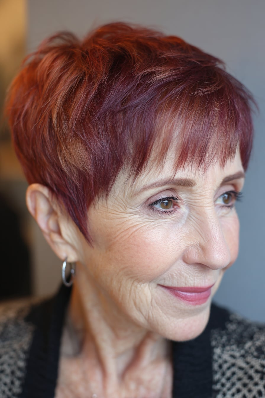 Red Pixie With Textured Side Bangs, Ear — Haircuts for Women Over 70