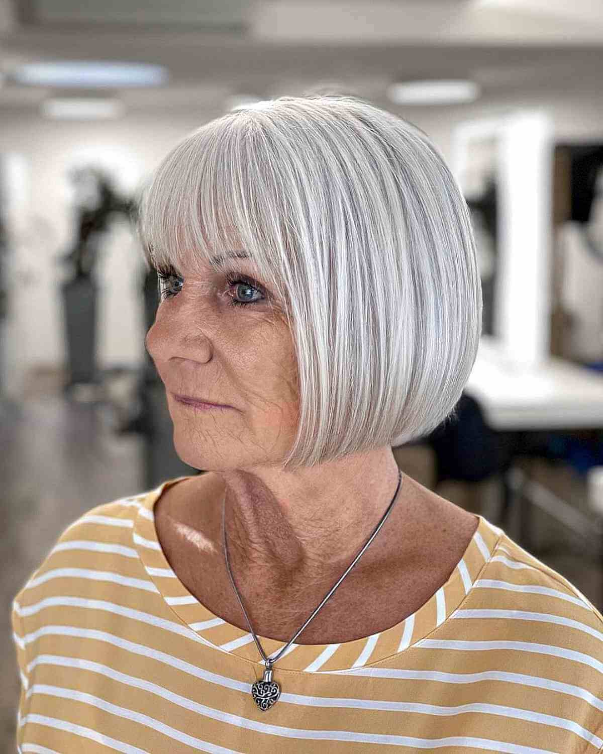 Chin Length Bob With Full Blunt Bangs — Haircuts for Women Over 70