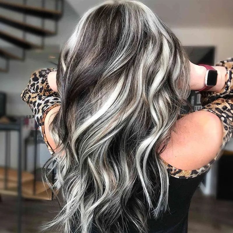 Mid-Back Dark Brown With Platinum Blonde Streaks, Layers Mid-Back Dark Brown With Platinum Blonde Streaks, Layers — Highlights