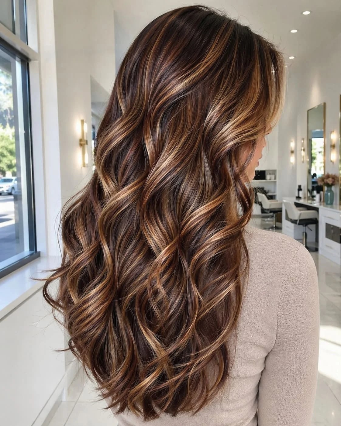 Mid-Back Waves With Caramel and Blonde Highlights, Wavy Mid-Back Waves With Caramel and Blonde Highlights, Wavy