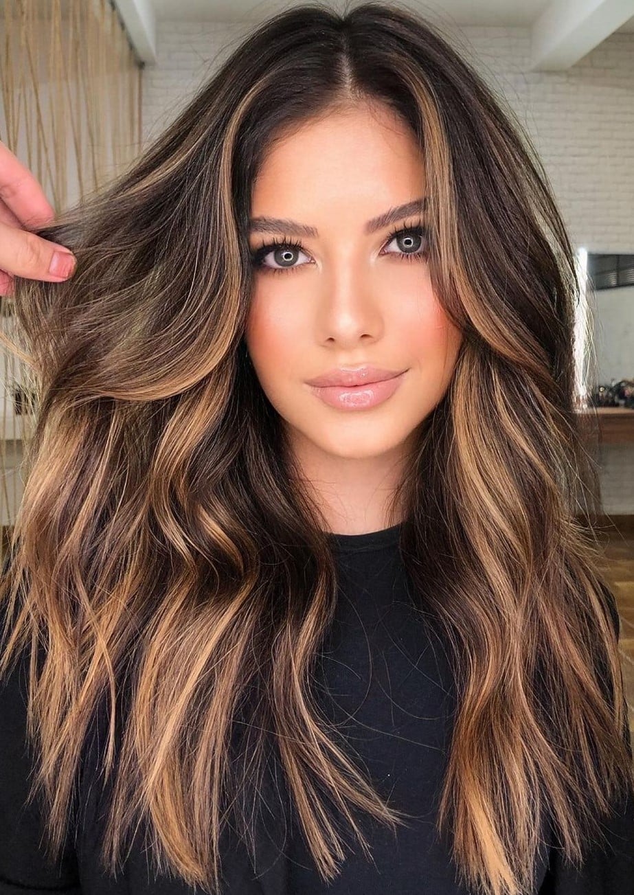 Mid-Back Black With Golden Brown and Blonde Highlights Mid-Back Black With Golden Brown and Blonde Highlights