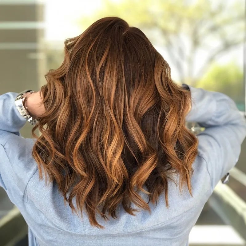 Mid-Back Medium Brown With Copper and Blonde Highlights Mid-Back Medium Brown With Copper and Blonde Highlights