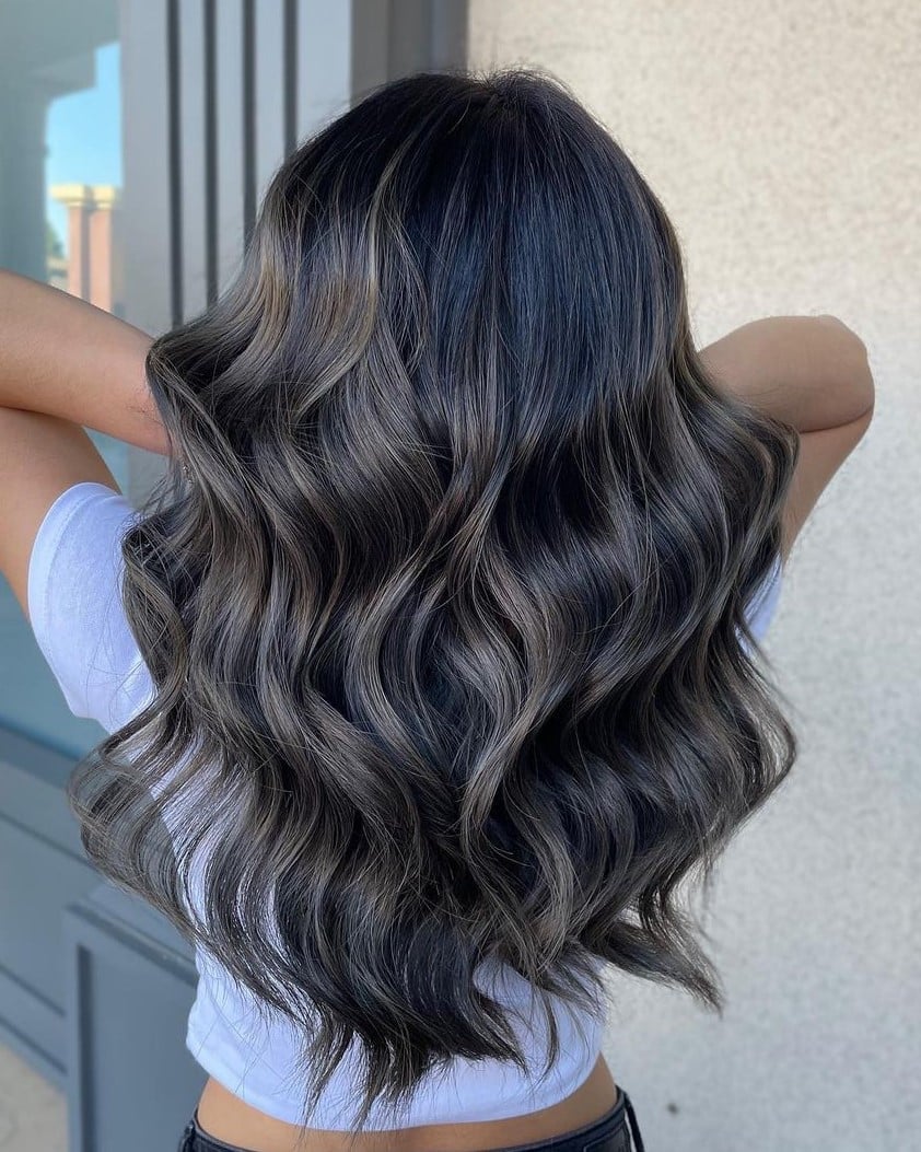 Mid-Back Black With Ash Blonde Highlights — Highlights on Black Hair