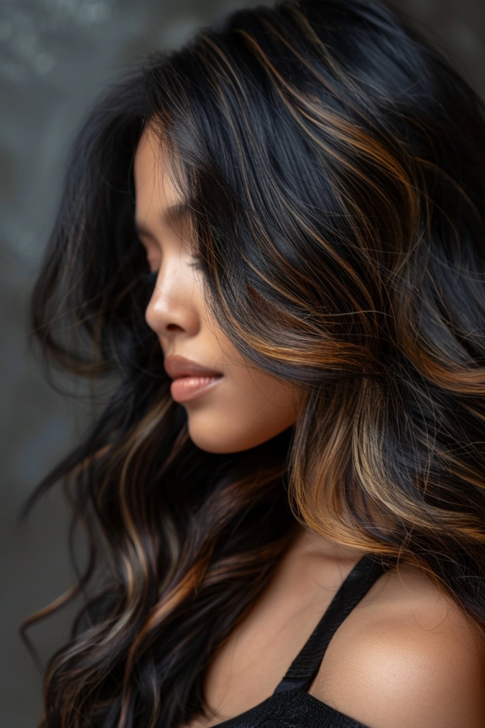 Black Hair With Caramel Highlights Collarbone Lob — Highlights on Black Hair