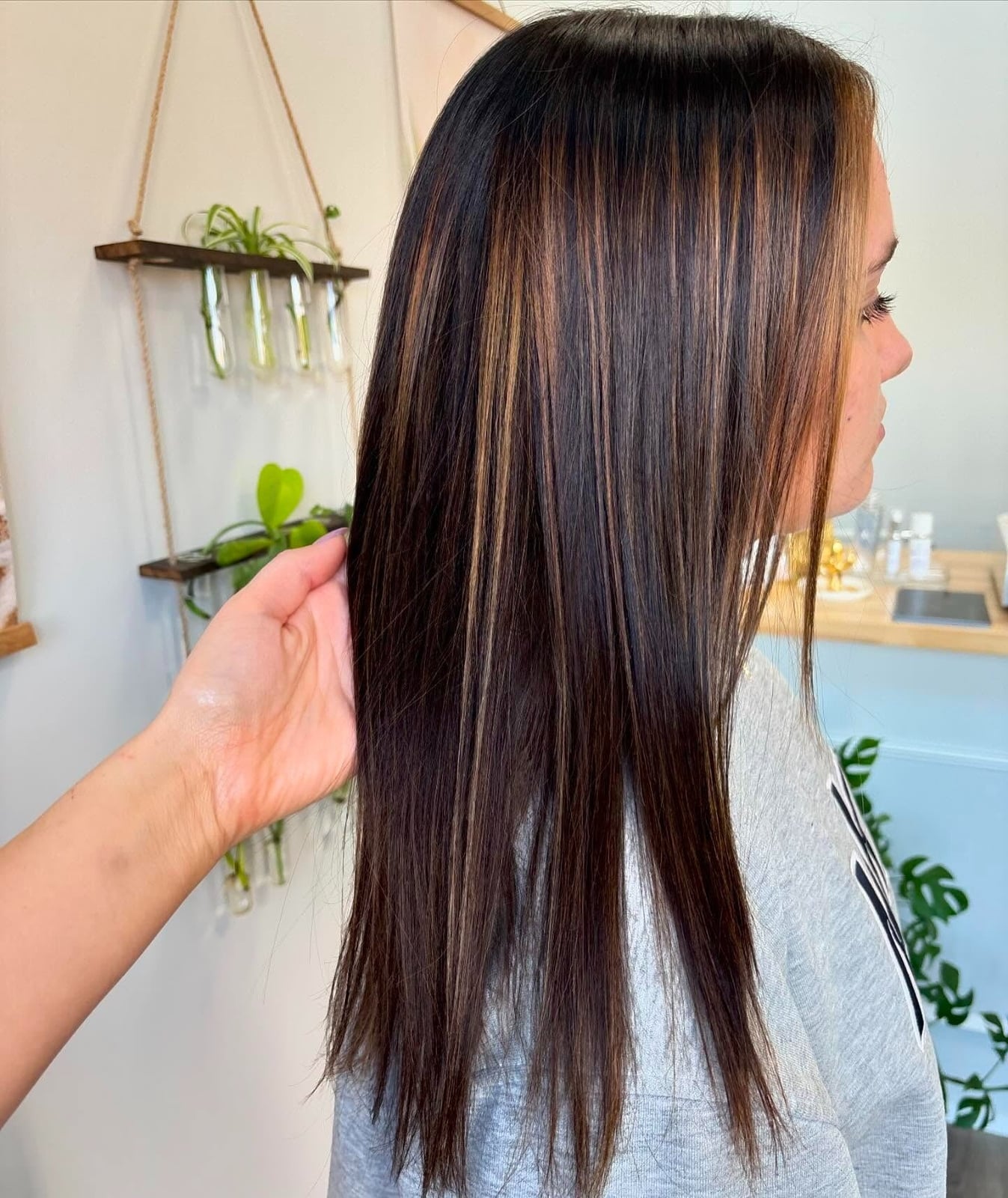Mid-Back Black With Contrasting Blonde Highlights, Layers — Highlights on Black Hair