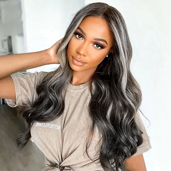 Mid-Back Black With Platinum Blonde Highlights, Middle — Highlights on Black Hair