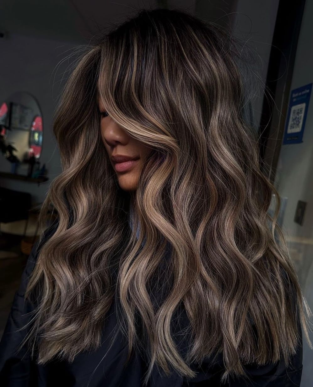 Collarbone Length Black With Ash Blonde Highlights, Curtain Bangs — Highlights on Black Hair