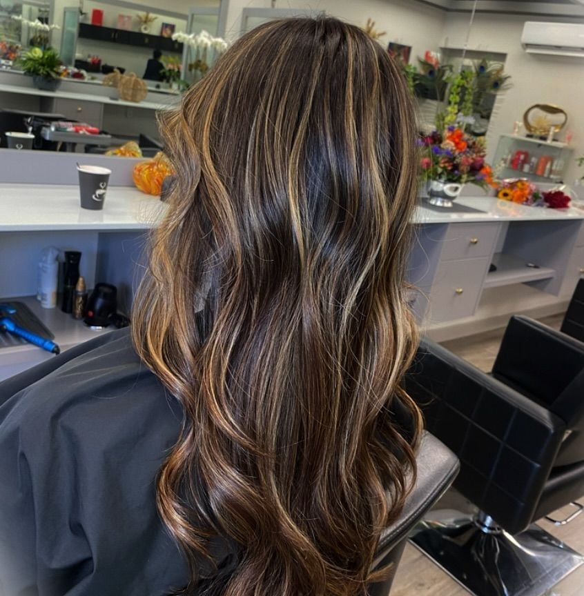 Dark Brown With Golden Brown Highlights Back View Dark Brown With Golden Brown Highlights Back View — Highlights on Brown Hair