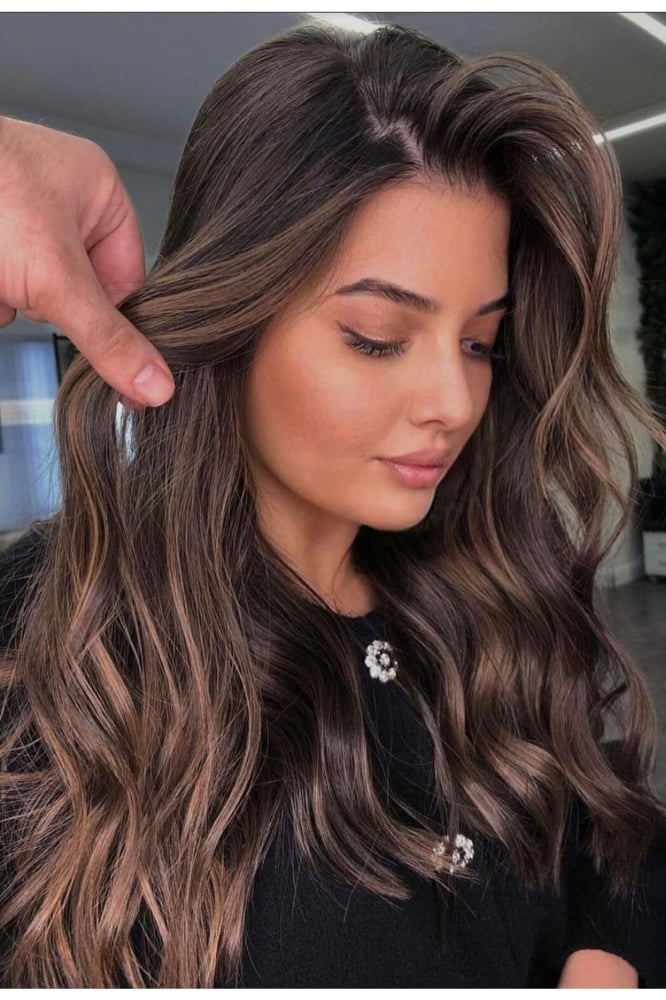 Dark Brown With Warm Caramel Highlights Mid-Back Dark Brown With Warm Caramel Highlights Mid-Back — Highlights on Brown Hair