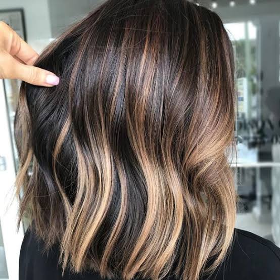 Dark Brown With Blonde Highlights Collarbone Lob, Curtain Bangs Dark Brown With Blonde Highlights Collarbone Lob, Curtain Bangs — Highlights on Brown Hair
