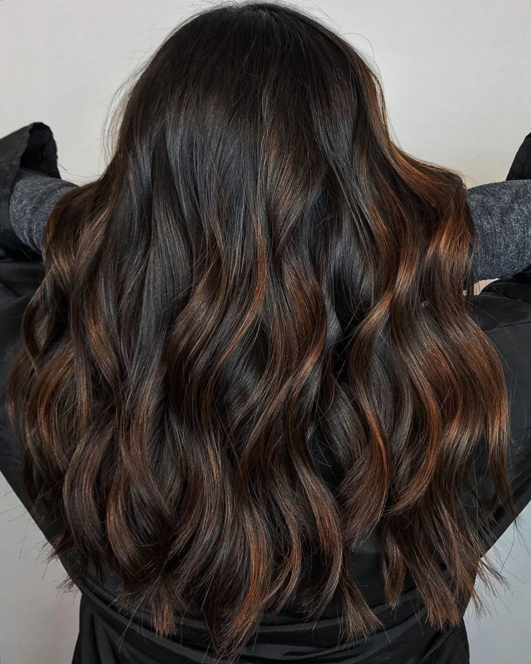 Dark Brown With Copper Highlights Mid-Back Back View Dark Brown With Copper Highlights Mid-Back Back View — Highlights on Brown Hair