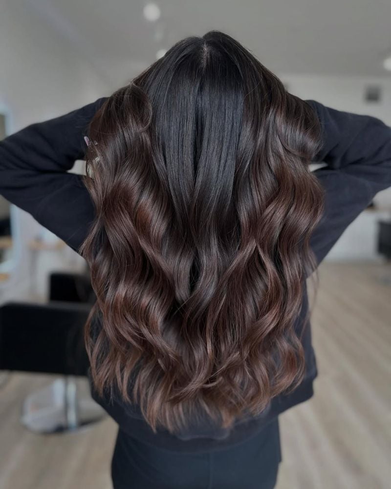 Dark Brown With Subtle Highlights Mid-Back Back View, Long Layers Dark Brown With Subtle Highlights Mid-Back Back View, Long Layers — Highlights on Brown Hair