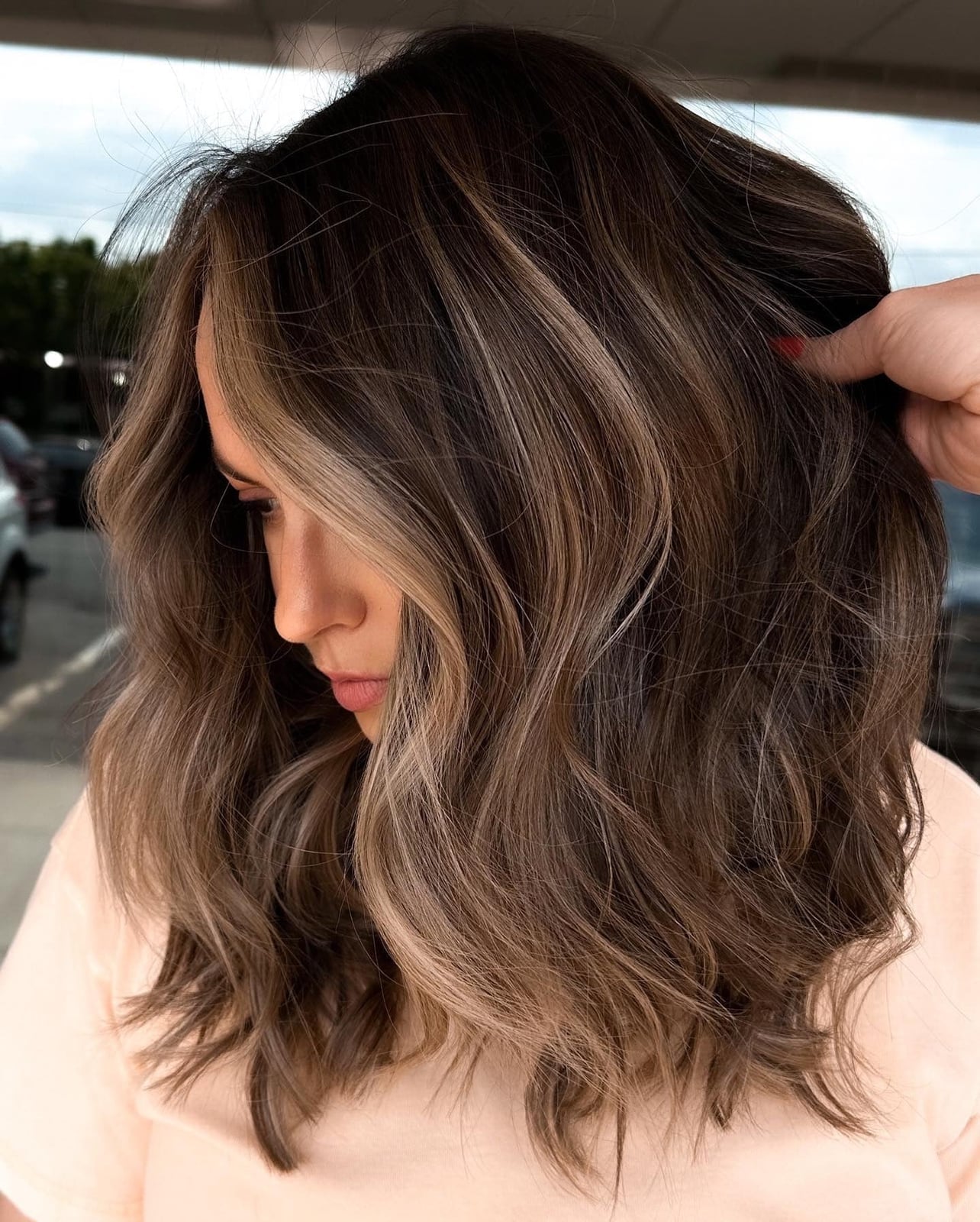Dark Brown With Ash Blonde Highlights Collarbone Bangs, Wavy Dark Brown With Ash Blonde Highlights Collarbone Bangs, Wavy — Highlights on Brown Hair