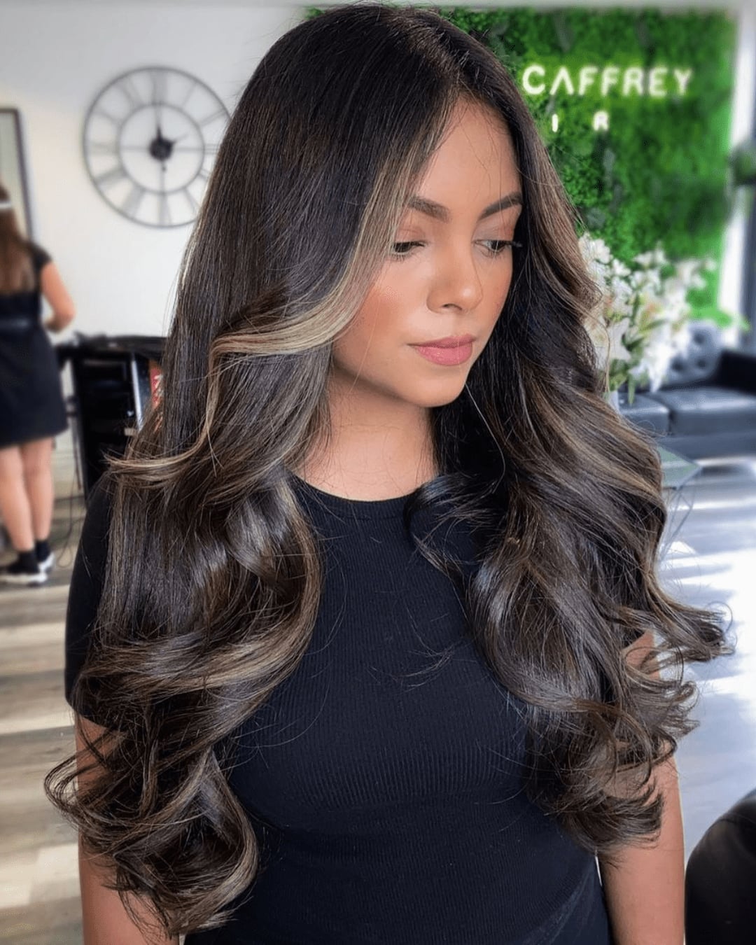 Dark Brown With Honey Highlights Mid-Back Layers Dark Brown With Honey Highlights Mid-Back Layers — Highlights on Brown Hair