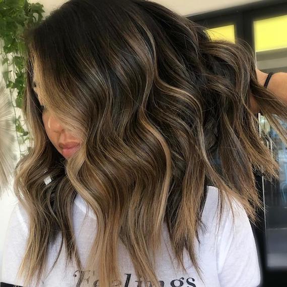 Dark Brown With Caramel Highlights Collarbone Lob Dark Brown With Caramel Highlights Collarbone Lob — Highlights on Brown Hair