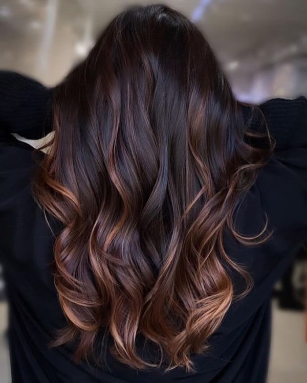 Caramel and Copper Highlights On Dark Waves — Highlights on Dark Hair