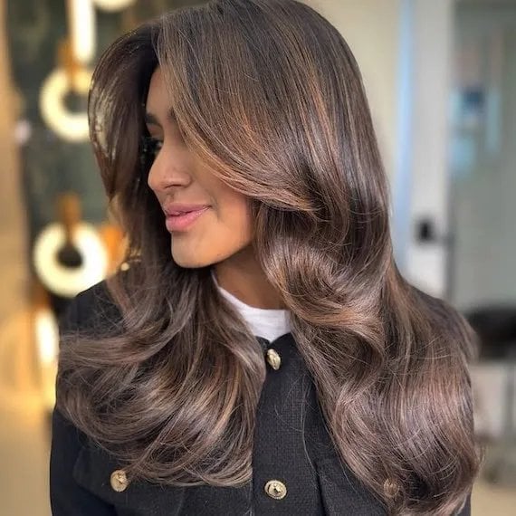 Subtle Caramel Highlights With Curtain Bangs — Highlights on Dark Hair